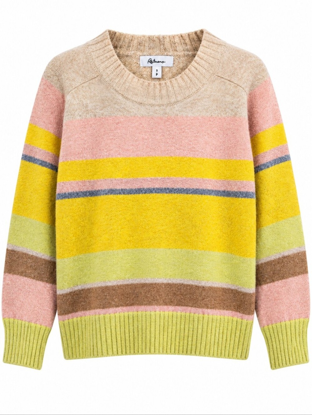 Reitmans Pastel Multi-Striped Crewneck Sweater - Pink, Yellow, Cream, Brown